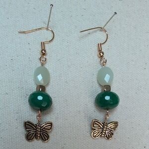 Handmade Green JADE & Gold tone Butterfly Drop Earrings 18k Plated Posts